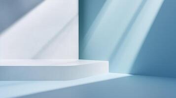 ai gerado abstrato azul interior em branco parede com branco chão e luz solar foto