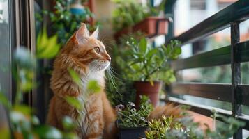 ai gerado gato com plantas sacada foto