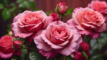 ai gerado lindo Rosa rosas com gotas do orvalho em pétalas. foto