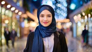 ai gerado retrato do jovem muçulmano mulher com hijab dentro a cidade às noite foto