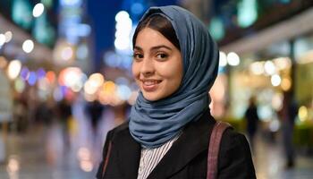 ai gerado retrato do jovem muçulmano mulher com hijab dentro a cidade às noite foto