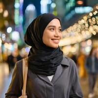 ai gerado retrato do jovem muçulmano mulher com hijab dentro a cidade às noite foto