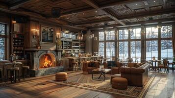 ai gerado acolhedor esqui apresentar cafeteria com caloroso lareiras de madeira feixes foto