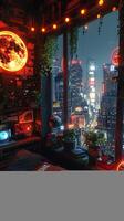 ai gerado cyberpunk apartamento com néon luzes alta tecnologia aparelhos foto