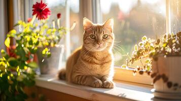 ai gerado curioso doméstico gato se aquece dentro luz solar em peitoril da janela apanhado dentro fechar-se tiro foto