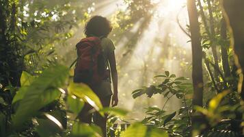 ai gerado caminhante abraços exuberante floresta trilha banhado dentro luzes do sol caloroso brilho foto