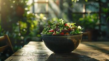 ai gerado macro lente captura vibrante salada tigela em rústico mesa com fresco legumes e verduras dentro afiado foco foto