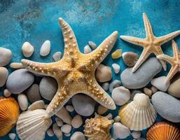 ai gerado estrelas do mar, conchas do mar e pedrinhas em azul superfície foto