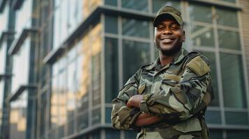 ai gerado poderoso retrato do uma sorridente soldado, irradiando confiança e orgulho foto