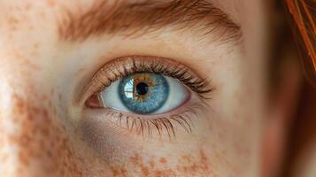 ai gerado macro fechar-se do a profundidade e detalhe do uma azul humano olho foto