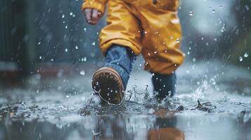 ai gerado uma criança vestido dentro uma capa de chuva desfrutando a simplicidade do uma chuvoso dia foto