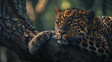 ai gerado uma selvagem leopardo fechar-se em repouso em uma árvore dentro a floresta foto