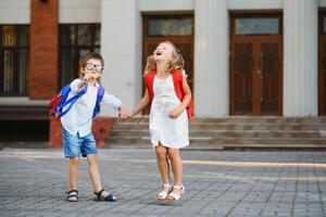 feliz crianças ir costas para escola. aluno do primário escola ir estude com mochila ao ar livre. crianças ir mão dentro mão. começando do aulas. primeiro dia do cair. Garoto e menina a partir de elementar estudante. foto