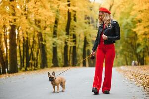 mulher com cachorro passeando no parque foto