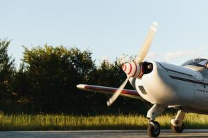 casal dentro amor tendo Diversão perto privado avião. foto