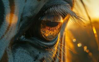 ai gerado fechar acima Visão do uma zebra olho capturando a dourado pôr do sol foto