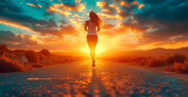 ai gerado corrida menina às pôr do sol, Esportes corrida, saudável estilo de vida - ai gerado imagem foto