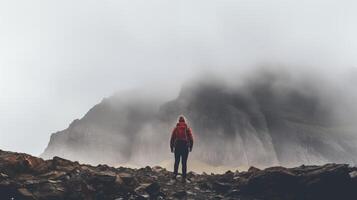 ai gerado uma solitário caminhante no meio enevoado montanha picos foto