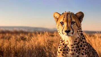 ai gerado deslumbrante guepardo dentro a selvagem africano savana. exótico animais selvagens, indomado natureza, cópia de espaço. foto