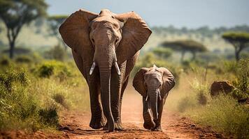ai gerado uma fofinho bebê elefante com mãe. savana passeio. uma concurso animais selvagens momento. foto