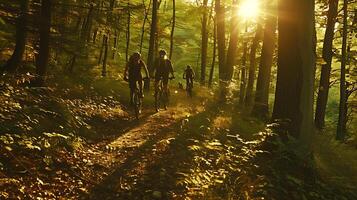 ai gerado ciclistas viagem através uma iluminado pelo sol, enevoado floresta, incorporando aventura e a beleza do natureza foto