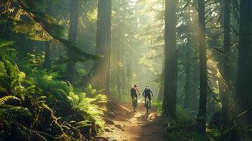 ai gerado ciclistas viagem através uma iluminado pelo sol, enevoado floresta, incorporando aventura e a beleza do natureza foto