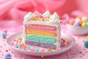 ai gerado chique arco Iris creme bolo em pastel fundo foto