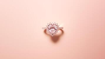 ai gerado topo Visão fechar acima rosa ouro noivado coração forma diamante anel em Rosa fundo foto