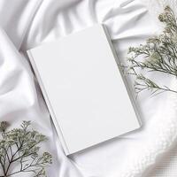 ai gerado em branco branco caderno cobrir em branco tecido com seco pequeno branco flor brincar modelo foto