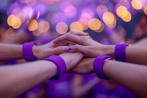 ai gerado fechar-se em uma grupo do pessoas vestindo roxa pulseiras, juntando mãos dentro solidariedade para epilepsia conhecimento. generativo ai. foto