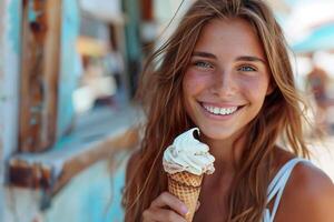 ai gerado sorridente jovem mulher desfrutando a gelo creme cone. generativo ai. foto