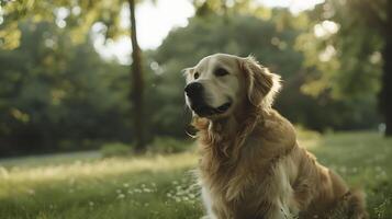 ai gerado dourado retriever brincadeiras entre flores silvestres dentro suave natural luz foto