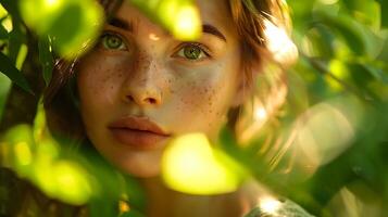ai gerado sereno floresta caminhar lindo mulher banhado dentro manchado luz solar no meio exuberante vegetação foto