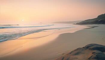 ai gerado pôr do sol sobre tranquilo litoral, ondas batida em arenoso de praia gerado de ai foto