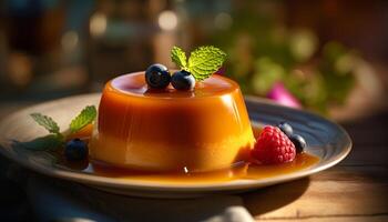 ai gerado fresco fruta sobremesa em de madeira placa, uma doce indulgência gerado de ai foto