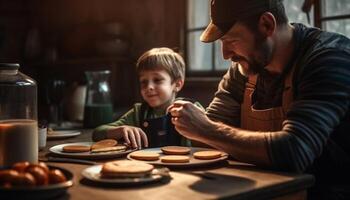 ai gerado pai e filho cozimento biscoitos dentro a cozinha, sorridente e vínculo gerado de ai foto