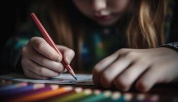 ai gerado uma fofa menina sorridente, concentrando em coloração, desfrutando infância criatividade gerado de ai foto