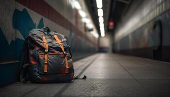 ai gerado 1 pessoa caminhando através Sombrio metrô estação, carregando mochila gerado de ai foto