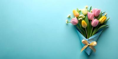 ai gerado tulipas em uma luz azul pano de fundo com cópia de espaço foto