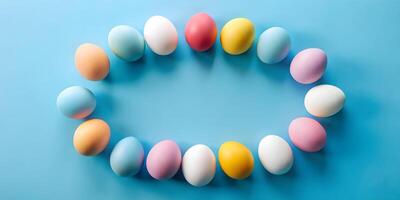ai gerado uma fechar-se do uma círculo do colori ovos em uma azul superfície - uma festivo Páscoa bandeira foto