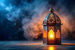 ai gerado lanterna ilumina a noite, convidativo Ramadã kareem bênçãos foto