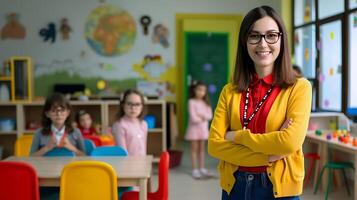 ai gerado mulher em pé com braços cruzado dentro sala de aula. generativo ai. foto