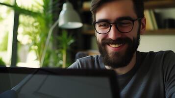 ai gerado sorridente homem com barba e óculos. generativo ai. foto