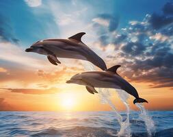 ai gerado dois golfinhos pulando Fora do a água às pôr do sol. generativo ai. foto