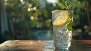 ai gerado refrescante gelado limonada macro fechar-se captura condensação e limão fatia dentro suavemente borrado sonhadores fundo foto