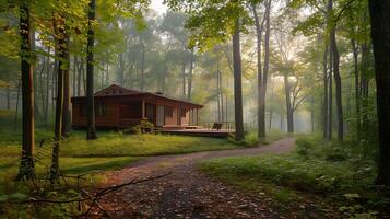 ai gerado isolado cabine dentro sereno floresta amanhece suave brilho tranquilo compensação e natural harmonia foto