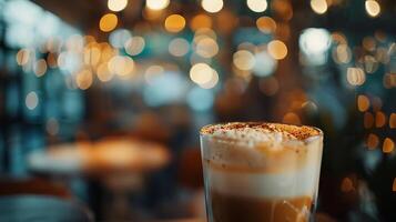 ai gerado espumoso cappuccino uma fechar-se retrato do acolhedor cafeteria ambiente foto