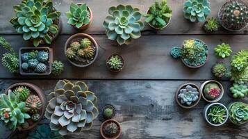 ai gerado em vaso suculentos e cactos aquecer dentro suave natural luz em rústico de madeira mesa foto