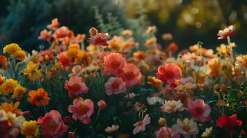 ai gerado vibrante jardim flores abraçado de suave natural luz foto