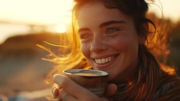 ai gerado manhã felicidade jovem mulher sorrisos com café dentro mão banhado dentro suave nascer do sol brilho foto